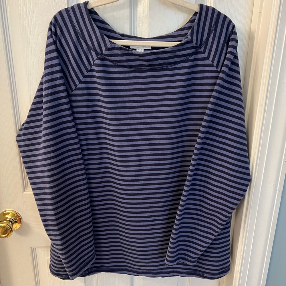 Denim & Co Active Blue Striped French Terry Top Sz 1X